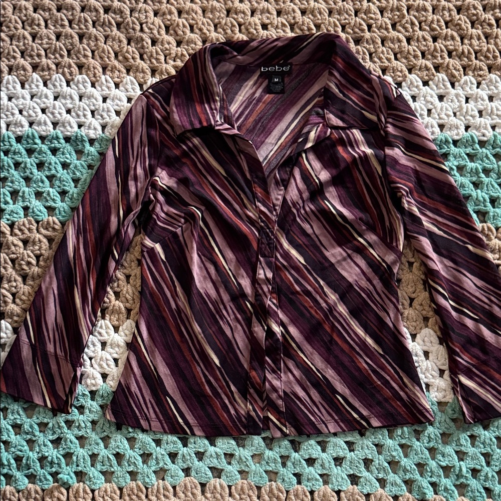 bebe Y2K Purple Brown Striped Sheer Long Sleeve Blouse Top Shirt Womans Medium